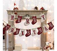 LessMo Merry Christmas Banners, Sock Shaped Burlap Banners, Red-White Plaid, 3 Meters (Length Only), 14 Pieces, Indoor/Outdoor, Christmas Party & Wall Decoration