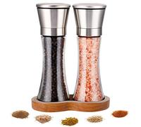 LessMo Salt and Pepper Grinder Set, Premium Stainless Steel Salt & Pepper Mill withAdjustable Coarsenes & Wooden Standing Tray, Stainless Steel Refillable Salt & Peppercorn Shakers