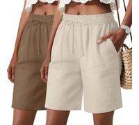 LessonZoo 2 Pack Women's Linen Bermuda Shorts Casual Wide Leg Ruffle High Waisted Drawstring Bottoms with Pockets(Beige, Coffee,Large)