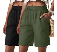 LessonZoo 2 Pack Women's Linen Bermuda Shorts Casual Wide Leg Ruffle High Waisted Drawstring Summer Shorts with Pockets, Army Green, Black, Large