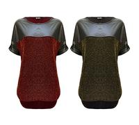 LessThanTenQuid Lurex Metallic Glitter Wet Look Rolled Up Half Sleeve Stretchy Dipped Top (Gold/Black, M/L to fit UK 12-14)