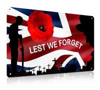 Lest We Forget Metal Plaque 20x30cm Remembrance Day Tin Sign with Poppy & Soldier Silhouette, Fade-Resistant Memorial Art for Indoor and Outdoor Display WW1 WW2 Tribute Gift