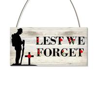 "Lest We Forget" Remembrance Day Plaque,Remembrance Day Decorations with Soldier Silhouette and Vibrant Poppies on Grey Wooden Background,Lest We Forget Door Decor Ideal for Indoor Oudoor Display
