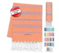 LeStoff Turkish Hammam Towel - 100% organic cotton, 95 x 180 cm, Pre-washed, Absorbent, Quick-drying, Lightweight, Turkish Towel, Hammam Beach Towel, Gym Towel, Beach Throw, Sauna Towel (Orange-Blue)