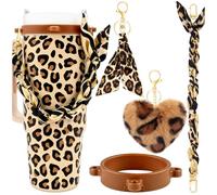 Lestp 4Pcs Water Bottle Accessories for Owala Stanley Cup Accessories Set Leopard Print Water Bottle Handle Strap Decoration Cute Tumbler Cup Accessories Set for Women Water Bottle Holder with Strap