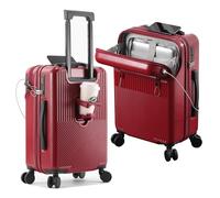 lesulety 24 inch suitcase with usb charger and cup holder world's lightest luggage hard shell suitcases medium hand luggage suitcase with wheels,Red,24in