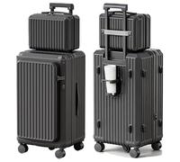 Lesulety Small & Medium Hard Shell Suitcase, Lightweight Wheeled Expandable Cabin Luggage, Large Travel Luggage, Suitcase with Side Opening, 4 Wheels and Cup Holder,Black,24 inches