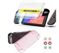 LESUTI 3-IN-1 Kit for Nintendo Switch 2 (2025) - Tempered Glass Screen Protector (2-Pack, Auto Alignment), Sheer Pink Protective Cover & 6-Pack Anti-Slip Joystick Caps | Ultimate Accessories Bundle