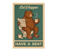 Let It Happen Bear Poster, Retro Animal Bathroom Print, Comedy Toilet Wall Art, A2 (Print Only) - 59.4x42cm