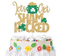 Let’s Get Shamrocked Cake Topper, Happy St. Patrick’s Day Cake Decor, Four Leaf Clover Decorations, Welcome Irish Festival Party Decorations Supplies Gold and Green Glitter