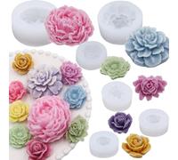 LET’S Making 3D Peony Rose Flower Candle Mold Silicone Resin Casting Mold for DIY Handmade Cake Decoration (6 Packs)