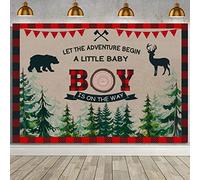 Let The Adventure Begin Backgrounds A Little Baby Boy is on The Way Boy Birthday Party Lumberjack Woodland Animals Photography Decoration Bear Deer Baby Shower Party Banner (7X5FT)