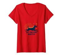 Let The Dog Hair Fly - Playful Pet Lover V-Neck T-Shirt, Women, Red, S