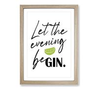 Let The Evening Be Gin Typography Framed Print | A2 Oak Framed Wall Art | Ready to Hang | Modern Food Picture | Living Room Bedroom Lounge Office