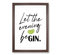 Let The Evening Be Gin Typography Framed Print | A2 Walnut Framed Wall Art | Ready to Hang | Modern Food Picture | Living Room Bedroom Lounge Office