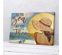 Let The Sea Set You Free Girl On Beach Turtle Canvas Wall Art