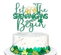 Let the Shenanigans Begin Cake Topper, Glitter Green Shamrock Cake Topper, St Patrick's Day Party Decorations, Irish Holiday Birthday Bachelorette Party Supplies