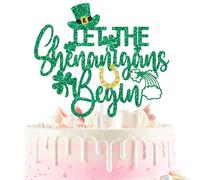 Let the Shenanigans Begin Cake Topper, Happy St. Patrick’s Day Cake Decor, Four Leaf Clover Decorations, Welcome Irish Housewarming Party Decorations Supplies Green and Gold Glitter