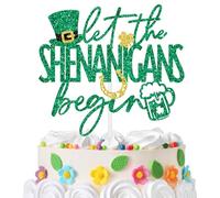 Let the Shenanigans Begin Cake Topper, Happy St. Patrick’s Day Cake Decor, Four Leaf Clover Decorations, Welcome Irish Housewarming Party Decorations Supplies Green and Gold Glitter