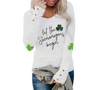 Let The Shenanigans Begin! St. Patrick's Day Womens T-Shirt Long Sleeve Tee Lucky Four Leaf Clover Print Sequins Festive Tops Leprechaun Outfit Irish St Patrick's Day Gifts for Casual Work Party