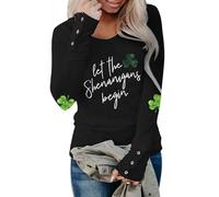 Let The Shenanigans Begin! St. Patrick's Day Womens T-Shirt Long Sleeve Tee Lucky Four Leaf Clover Print Sequins Festive Tops Leprechaun Outfit Irish St Patrick's Day Gifts for Casual Work Party