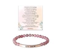 Let Them Bead Lettering Bracelet, Gemstones Stainless Steel Engraved Bracelet, Stretch Beaded Inspirational Bracelets, Personalized Encouragement Gifts for Yourself Sisters (Pink)