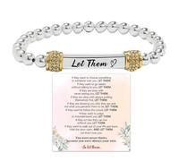 Let Them Dainty Diamond Beaded Stretch Bracelet, Self Worth Motivational Stainless Steel Engraving Tube Bracelets, Friendship Cuff Bangle Jewelry Gifts for Women Sisters Best Friend (Gold)
