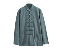 letaofang Loose Tai Chi Uniforms Men Chinese Traditional Kung Fu Clothing Cotton Linen Chun Work Long Sleeve Hanfu Jacket Clothes Shirt Suit, Green, 3XL