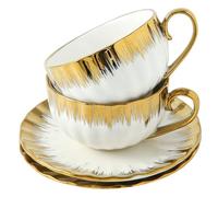 LETAOTAO 6oz Espresso Cups Set of 2, Ceramic Tea Cup and Saucer Set with Golden Trim, Coffee Cups with Saucers for Latte, Cafe Mocha and Au Lait, White, BD-200