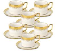 LETAOTAO 8.5 oz Stackable Ceramic Coffee Cup and Saucer with Gold Trim, Turkish Coffee Cups Set of 6, White