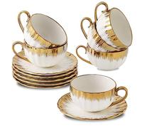 LETAOTAO Cappuccino Cups with Saucers, 7 oz Porcelain Double Espresso Cups Set, Ceramic Turkish Coffee Cups with Gold Trim, Tea Cups Set of 6, Cafe Cups for Latte, Mocha, Au Lait, White