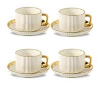 LETAOTAO Cappuccino Cups with Saucers, 8oz Ceramic Coffee Cups with Saucers Set, Latte Art Coffee Mugs with Gold Trim, Tea Cups Set of 4, British/Italian Coffee cups for Cafe Mocha, Double Espresso