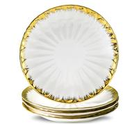 LETAOTAO Ceramic Dinner Plates, Set of 4, 10in Round, White and Gold Floral, Formal, Large (10 inches), Dishwasher Safe