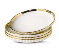 LETAOTAO Dinner Plates, Ceramic dinner Plate Set of 4, 10 inch White Serving Plates with gold trim, Stripe Texture Back, Large Pasta and Salad Plates, Dishes Set with Lipped Edges for Kitchen