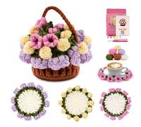 LetCartMaker Crochet Kit for Beginner, 4 Pcs Coasters Crochet Kit Flower Basket Crochet Starter Set with Step-by-Step Video Tutorials Birthday Holidays Gift for Kids Adults