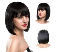 letcdfer Black Bob Wig with Bangs Short Human Hair New Natural Straight Wigs Flat Heat Resistant Synthetic 100% Density Color for Daily Party Cosplay 1 count