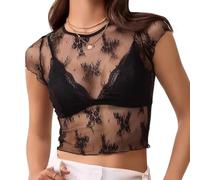 letcdfer Women's Mesh Sheer Lace Crop Top Women Floral Lace Sheer Crop Top See Through Short Sleeve Tops Crewneck Sexy Y2K Blouse Shirts Sexy Summer Tops, S-L (UK, Alpha, S, Regular, Regular, Black)