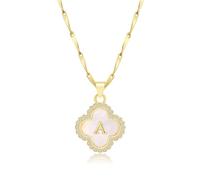 LETFLY A-Z Initial 14K Four Leaf Clover Natural Shells Necklaces for Women, Brass, Cubic Zirconia