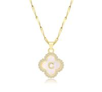 LETFLY Four Leaf Clover Initial Necklaces for Women, 14K Gold Plated Natural Shells Clover Letter Pendant, Alphabets A-Z Necklace Jewelry Gifts for Women, Brass, Cubic Zirconia