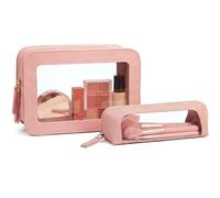 LETGO Clear Travel Makeup Brush Bag, Leather Portable Makeup Brush Bag Organizer Pouch Lipstick Bag Transparent Waterproof Makeup Bag Car Orangizer Storage Bag for Women, Dual Pink, Clear Travel