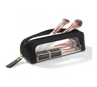 LETGO Clear Travel Makeup Brush Bag, Leather Portable Makeup Brush Bag Organizer Pouch Lipstick Bag Transparent Waterproof Makeup Bag Car Orangizer Storage Bag for Women, Slim Black
