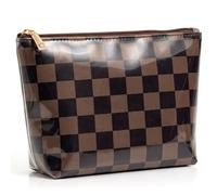 LETGO Dark Brown White Checkered Makeup Bag for Women,Waterproof Travel Beach Cosmetic Pouch,Sandproof Sunscreen Bag Pouch,Preppy Makeup Bag for Vacation Beach Summer Essentials(Checkered-Tan)