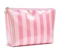 LETGO Pink Green Striped Clear Cosmetic Bag, Cute Waterproof PVC Makeup Bag Pouch, Preppy Aesthetic Travel Toiletry Organizer with Gold Zipper Y2K Makeup Bag for Teens Women, A-Pink Beige, 9.5" L ×