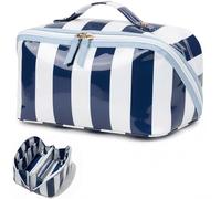 LETGO Preppy Stripe Clear Travel Makeup Bag, Waterproof Glossy PVC Cosmetic Organizer with Handle, Large Capacity Toiletry Bag for Women, Portable Makeup Pouch for Vacation Gifts for Her, Navy Blue