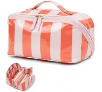 LETGO Preppy Stripe Clear Travel Makeup Bag, Waterproof Glossy PVC Cosmetic Organizer with Handle, Large Capacity Toiletry Bag for Women, Portable Makeup Pouch for Vacation Gifts for Her, Orange White