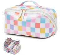 LETGO Preppy Stripe Clear Travel Makeup Bag, Waterproof Glossy PVC Cosmetic Organizer with Handle, Large Capacity Toiletry Bag for Women, Portable Makeup Pouch for Vacation Gifts for Her, Checkered