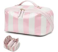 LETGO Preppy Stripe Clear Travel Makeup Bag, Waterproof Glossy PVC Cosmetic Organizer with Handle, Large Capacity Toiletry Bag for Women, Portable Makeup Pouch for Vacation Gifts for Her, Pink White