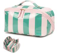 LETGO Preppy Stripe Clear Travel Makeup Bag, Waterproof Glossy PVC Cosmetic Organizer with Handle, Large Capacity Toiletry Bag for Women, Portable Makeup Pouch for Vacation Gifts for Her, Green Pink