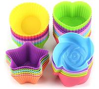 LetGoShop Silicone Cupcake Cases Reusable Baking Cups Nonstick Easy Clean Pastry Muffin Molds 4 Shapes Round, Stars, Heart, Flowers, 24 Pieces Colorful