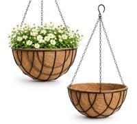 Lethargic 2ps Hanging Flower Basket with Coco Coir Liner and Wrought Iron Fram Adjustable Chain Planter for Indoor and Outdoor Use, Balcony, Garden, Patio and Living Room，Brown：25cm